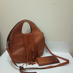 Faux Leather Tanish Fringe Ostrich Women's Crossbody Bag Purse & Wallet